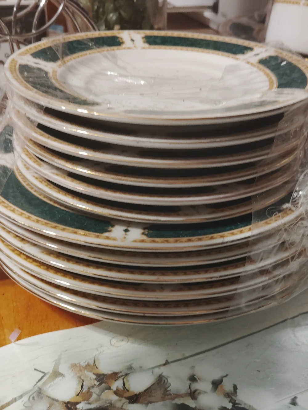 Porcelain Dinnerware Set with Green Marble Band and Gold Trim